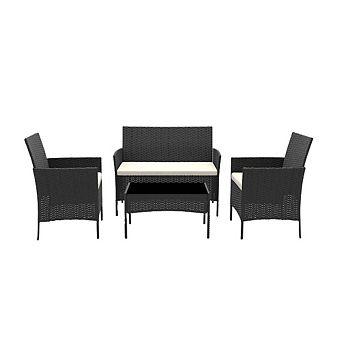 4 pc Outdoor Patio Furniture Set, Rattan Table & Chairs with Cushions, Bistro Set, Black + Beige