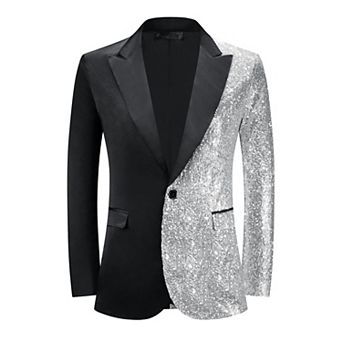 Sequin Blazers for Men's Color Block Peak Lapel Tuxedo Sparkly Patchwork Suit Jacket