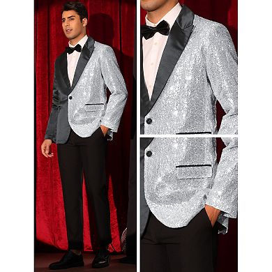 Sequin Blazers for Men's Color Block Peak Lapel Tuxedo Sparkly Patchwork Suit Jacket