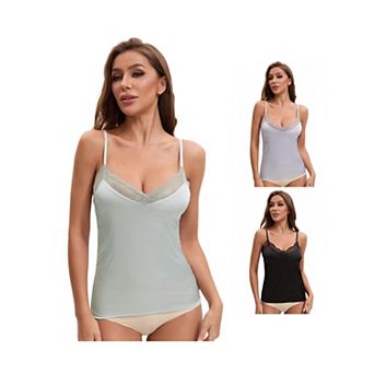 3 Packs Women's Lace Trim Silk Satin V Neck Cami Vest Adjustable Spaghetti Strap Loose Fit Camisoles
