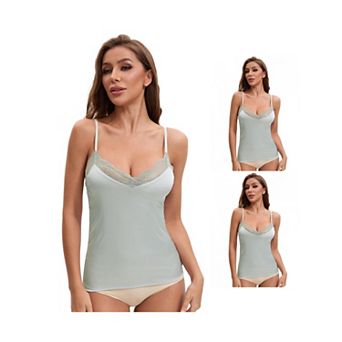 3 Packs Women's Lace Trim Silk Satin V Neck Cami Vest Adjustable Spaghetti Strap Loose Fit Camisoles