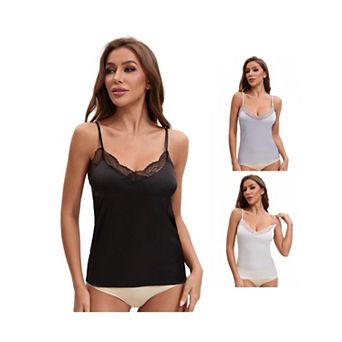 3 Packs Women's Lace Trim Silk Satin V Neck Cami Vest Adjustable Spaghetti Strap Loose Fit Camisoles