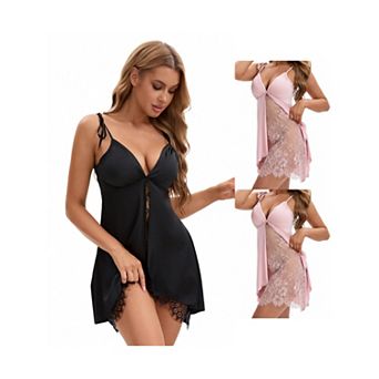 3 Packs Women's Lace Deep V Open Front Spaghetti Strap Full Slips Plunge Chemise with Bulit in Bra