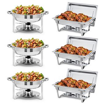 6 Pack Chafing Dish Buffet Set with Lid, 8-qt Rectangle & 5-qt Round, S/S Food Warmer Sets,