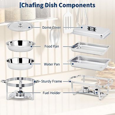 6 Pack Chafing Dish Buffet Set with Lid, 8 Qt Rectangle & 5 Qt Round, S/S Food Warmer Sets,