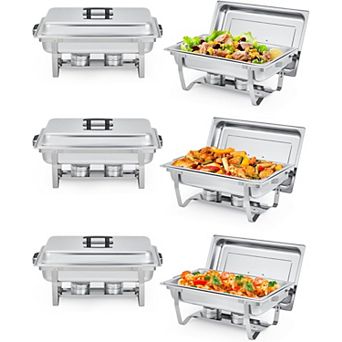 Chafing Dish Buffet Set 6 Pack, 8-qt Rectangular Food Warmers Set with Lid & Foldable Frame, Silver