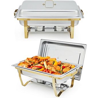 Chafing Dish Buffet Set 2 Pack, 8-qt Rectangular Food Warmers Set with Lid & Foldable Frame, Gold