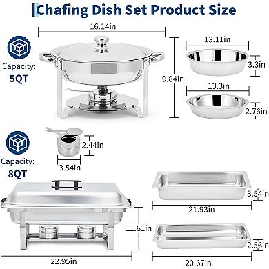 4 Pack Chafing Dish Buffet Set with Lid, 8 Qt Rectangle & 5 Qt Round, S/S Food Warmer Sets,
