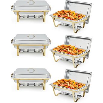 Chafing Dish Buffet Set 6 Pack, 8-qt Rectangular Food Warmers Set with Lid & Foldable Frame, Gold