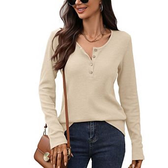 Women's Waffle Knit Long Sleeve T Shirt, Crew Neck Button Down Loose Casual Top for Daily Wear