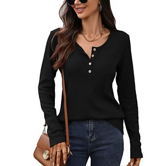 Women's Waffle Knit Long Sleeve T Shirt, Crew Neck Button Down Loose Casual Top for Daily Wear
