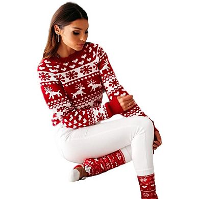 Womens Ugly Christmas Pullover Sweater, Knitted Snowflake Crew Neck Long Sleeve Xmas Holiday Party
