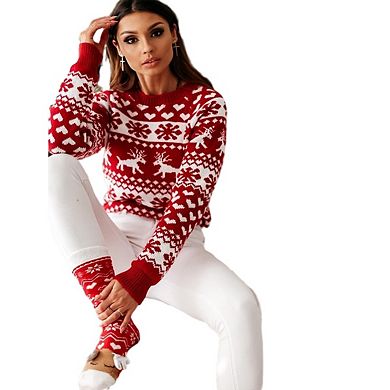 Womens Ugly Christmas Pullover Sweater, Knitted Snowflake Crew Neck Long Sleeve Xmas Holiday Party