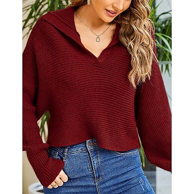 Women Soild Polo V Neck Sweater Long Sleeve Knitwear Pullover Jumper Tops