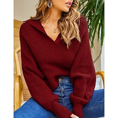 Women Soild Polo V Neck Sweater Long Sleeve Knitwear Pullover Jumper Tops