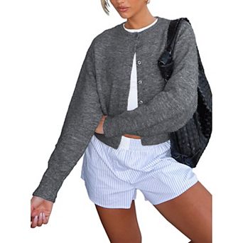 Women's Cropped Cardigan Sweater Long Sleeve Button Knit Cute Front Open Cropped Top