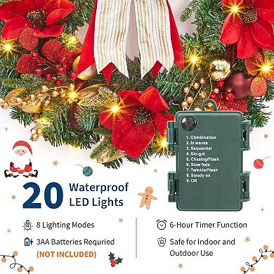6 ft Pre-Lit Christmas Garland, with Battery Operated 20 LED Lights, Red Gold Flowers Ball Ornaments