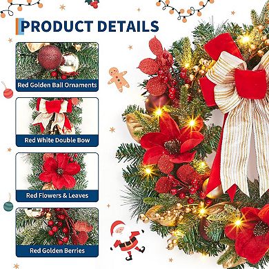 6 ft Pre-Lit Christmas Garland, with Battery Operated 20 LED Lights, Red Gold Flowers Ball Ornaments