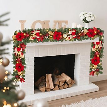 6 ft Pre-Lit Christmas Garland, with Battery Operated 20 LED Lights, Red Gold Flowers Ball Ornaments