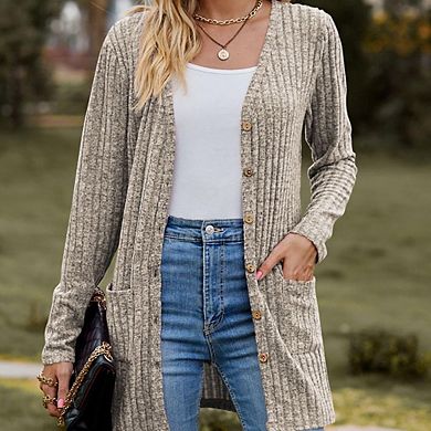Womens Ribbed Long Sleeve V Neck Button Down Sweater Cardigan Tops