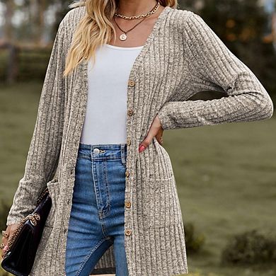 Womens Ribbed Long Sleeve V Neck Button Down Sweater Cardigan Tops