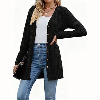 Womens Ribbed Long Sleeve V Neck Button Down Sweater Cardigan Tops