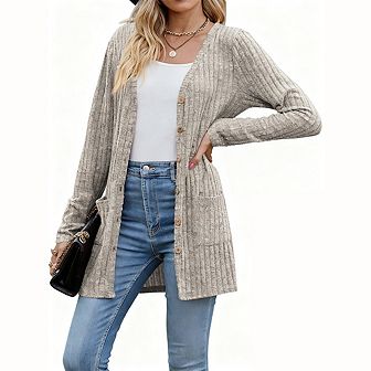 Womens Ribbed Long Sleeve V Neck Button Down Sweater Cardigan Tops