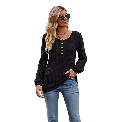 Women's Autumn Lightweight Knitted Pullover Sweater Long Sleeve Henley Crew Neck Tunic Top