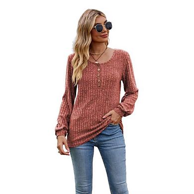 Women's Autumn Lightweight Knitted Pullover Sweater Long Sleeve Henley Crew Neck Tunic Top