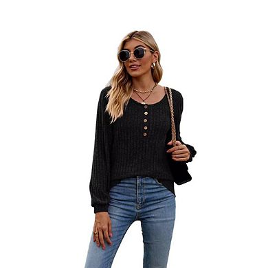 Women's Autumn Lightweight Knitted Pullover Sweater Long Sleeve Henley Crew Neck Tunic Top