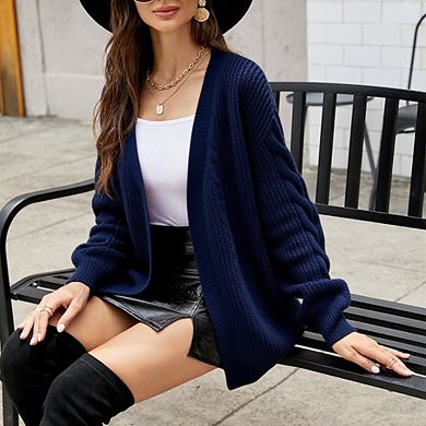 Women Long Sleeve V Neck Cable Knit Solid Color Sweater Cardigan