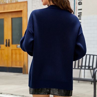 Women Long Sleeve V Neck Cable Knit Solid Color Sweater Cardigan