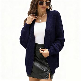 Women Long Sleeve V Neck Cable Knit Solid Color Sweater Cardigan