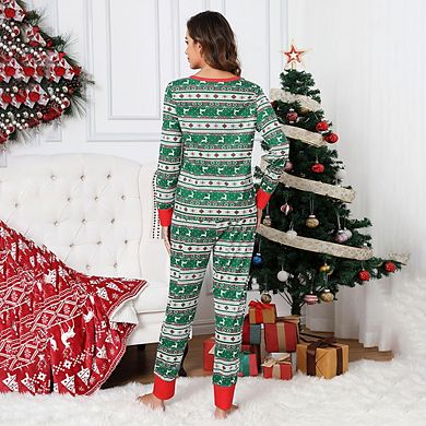 Christmas Pajama Set V Neck Holiday Pajamas Button Down Long Sleeve Christmas Pajamas 2 Piece PJ Set