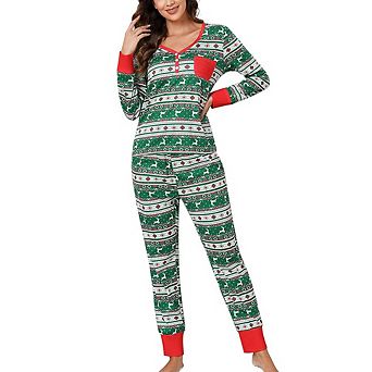 Christmas Pajama Set V Neck Holiday Pajamas Button Down Long Sleeve Christmas Pajamas 2 pc PJ Set