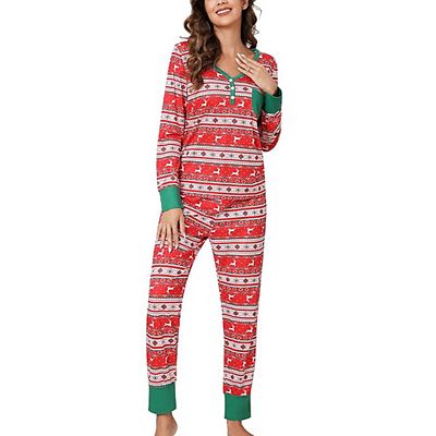 Christmas Pajama Set V Neck Holiday Pajamas Button Down Long