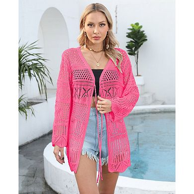 Women Crochet Cardigan Lightweight Tie Front Hollow Out Long Sleeves Summer Knit Cover Cardigans