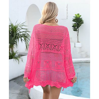 Women Crochet Cardigan Lightweight Tie Front Hollow Out Long Sleeves Summer Knit Cover Cardigans