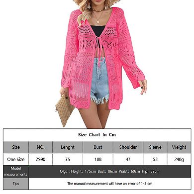 Women Crochet Cardigan Lightweight Tie Front Hollow Out Long Sleeves Summer Knit Cover Cardigans