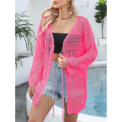 Women Crochet Cardigan Lightweight Tie Front Hollow Out Long Sleeves Summer Knit Cover Cardigans