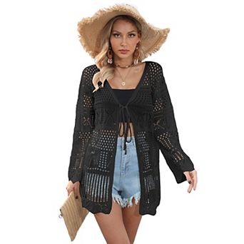 Women Crochet Cardigan Lightweight Tie Front Hollow Out Long Sleeves Summer Knit Cover Cardigans