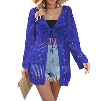 Women Crochet Cardigan Lightweight Tie Front Hollow Out Long Sleeves Summer Knit Cover Cardigans