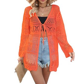 Women Crochet Cardigan Lightweight Tie Front Hollow Out Long Sleeves Summer Knit Cover Cardigans