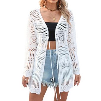 Women Crochet Cardigan Lightweight Tie Front Hollow Out Long Sleeves Summer Knit Cover Cardigans