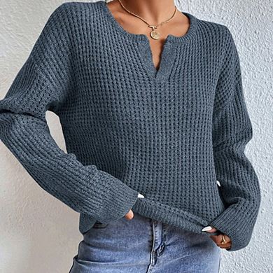 Womens V Neck Long Sleeve Casual Sweater Knit Pullover Tops