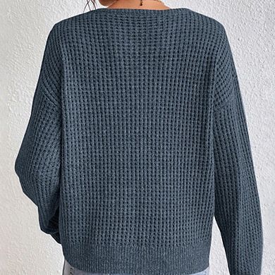 Womens V Neck Long Sleeve Casual Sweater Knit Pullover Tops