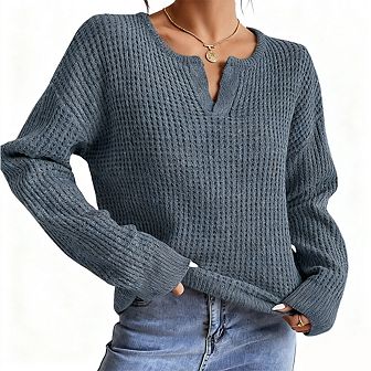 Womens V Neck Long Sleeve Casual Sweater Knit Pullover Tops