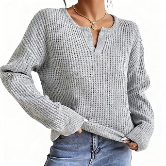 Womens V Neck Long Sleeve Casual Sweater Knit Pullover Tops