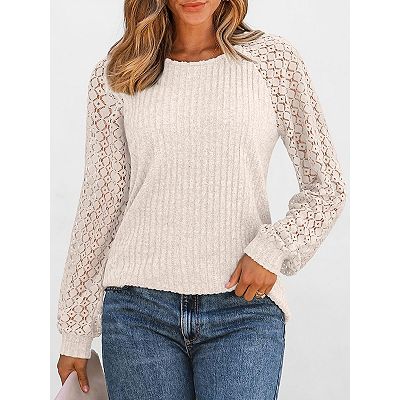 Women's Lace Long Sleeve Crew Neck Top Elegant Ribbed Knit Blouse