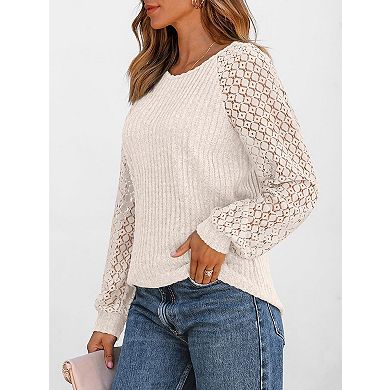 Women's Lace Long Sleeve Crew Neck Top Elegant Ribbed Knit Blouse